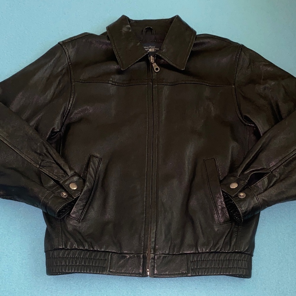 CHEROKEE leather zip up long sleeve 2 pockets  derby jacket coat black size M